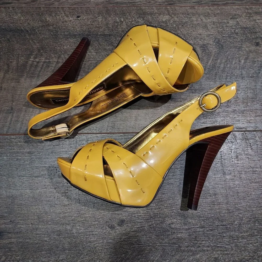 Chinese Laundry Yellow Patent Leather Slingback Brown Heels Pickstitch Size 7 - Picture 2 of 12